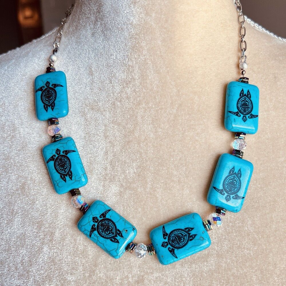Turquoise Howlite Turtle Necklace Faceted Beads Summer Vacation 18” Handmade